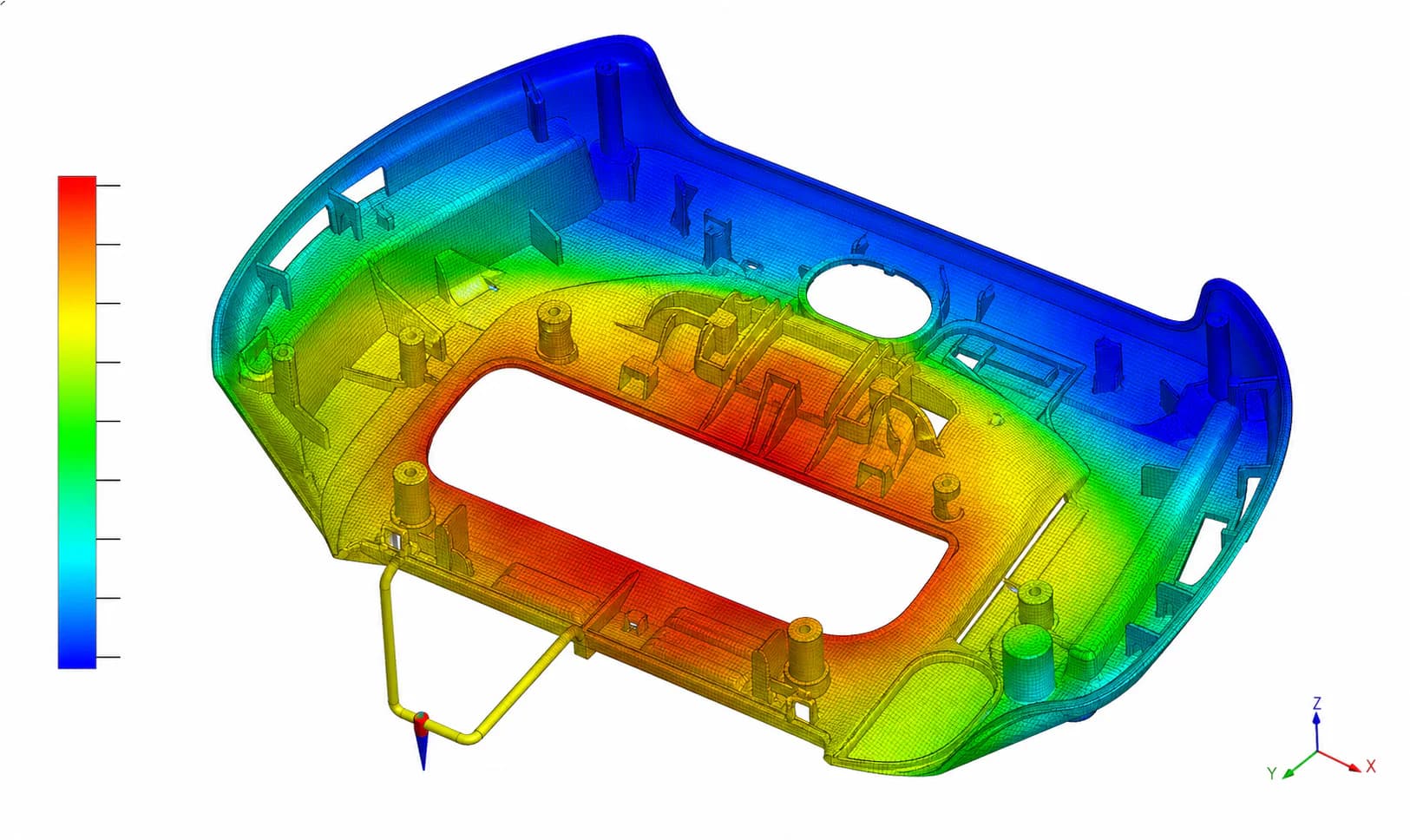Moldflow fill-time contour simulation result on a plastic part