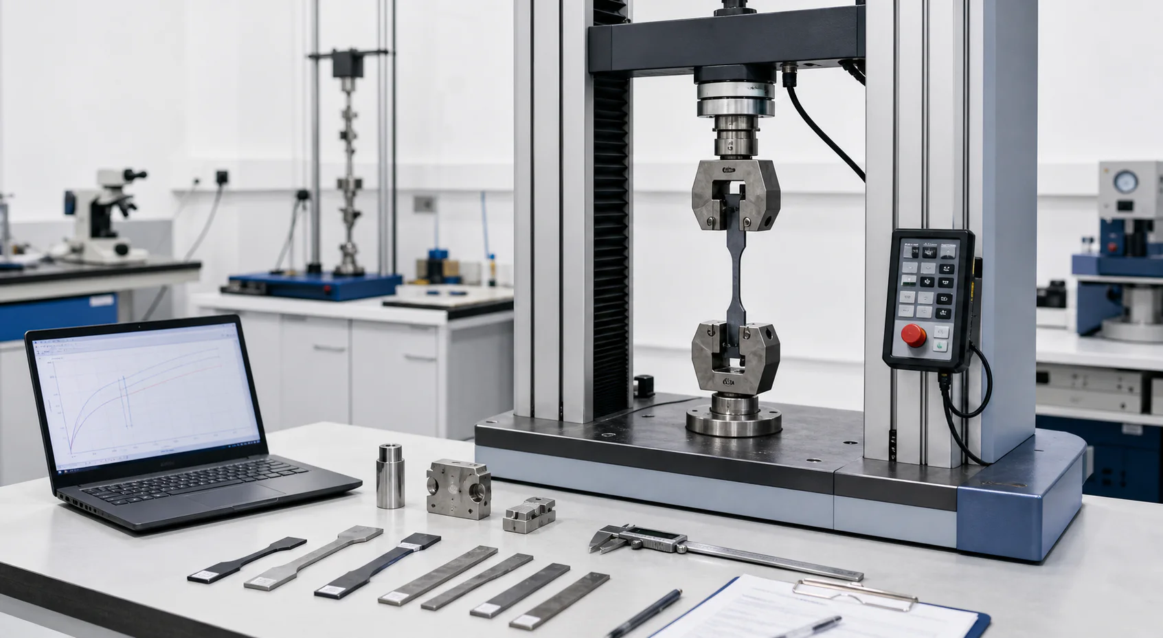 Engineering material testing lab with test machine and product samples